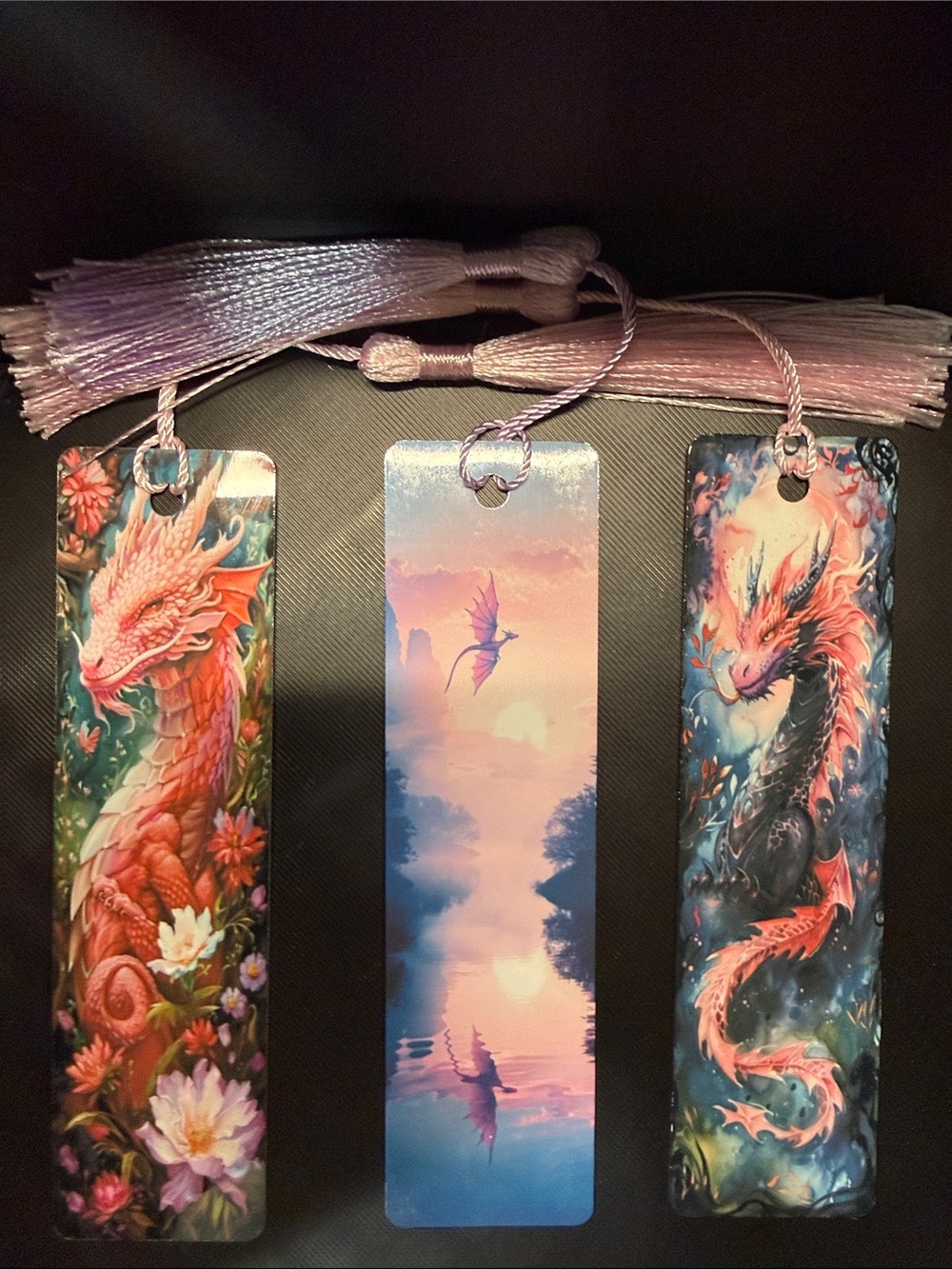 NEW Set of 3 Dragon Art Metal Bookmarks - Pink Tassels